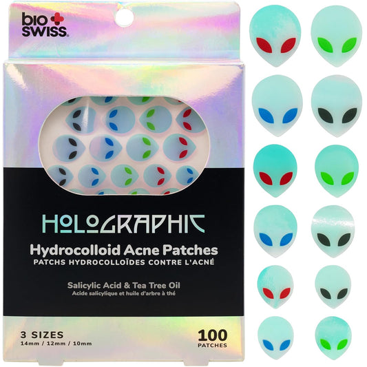 BioSwiss Pimple Patches, Holographic Alien Patch for Zits and Blemishes, Hydrocolloid Spot Stickers for Face and Skin, 100 Count