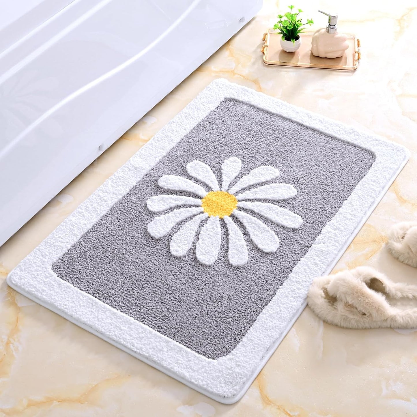 Bathroom Rugs Mat, White Flower Bath Rugs Fluffy Soft Superfine Fiber Rugs Non Slip Bath Mat Machine Wash Plush Mats,Bathroom Rug for Bathroom Shower Room (24x36, Gray)