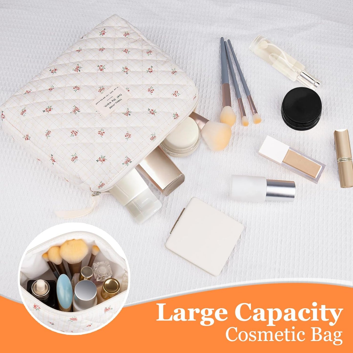 Floral Makeup Bag, Small Cosmetic Bag for Women Girls, Cute Cotton Makeup Bag, Quilted Makeup Bags, Flower Travel Toiletry Organizer Bag(Checkered Flower)