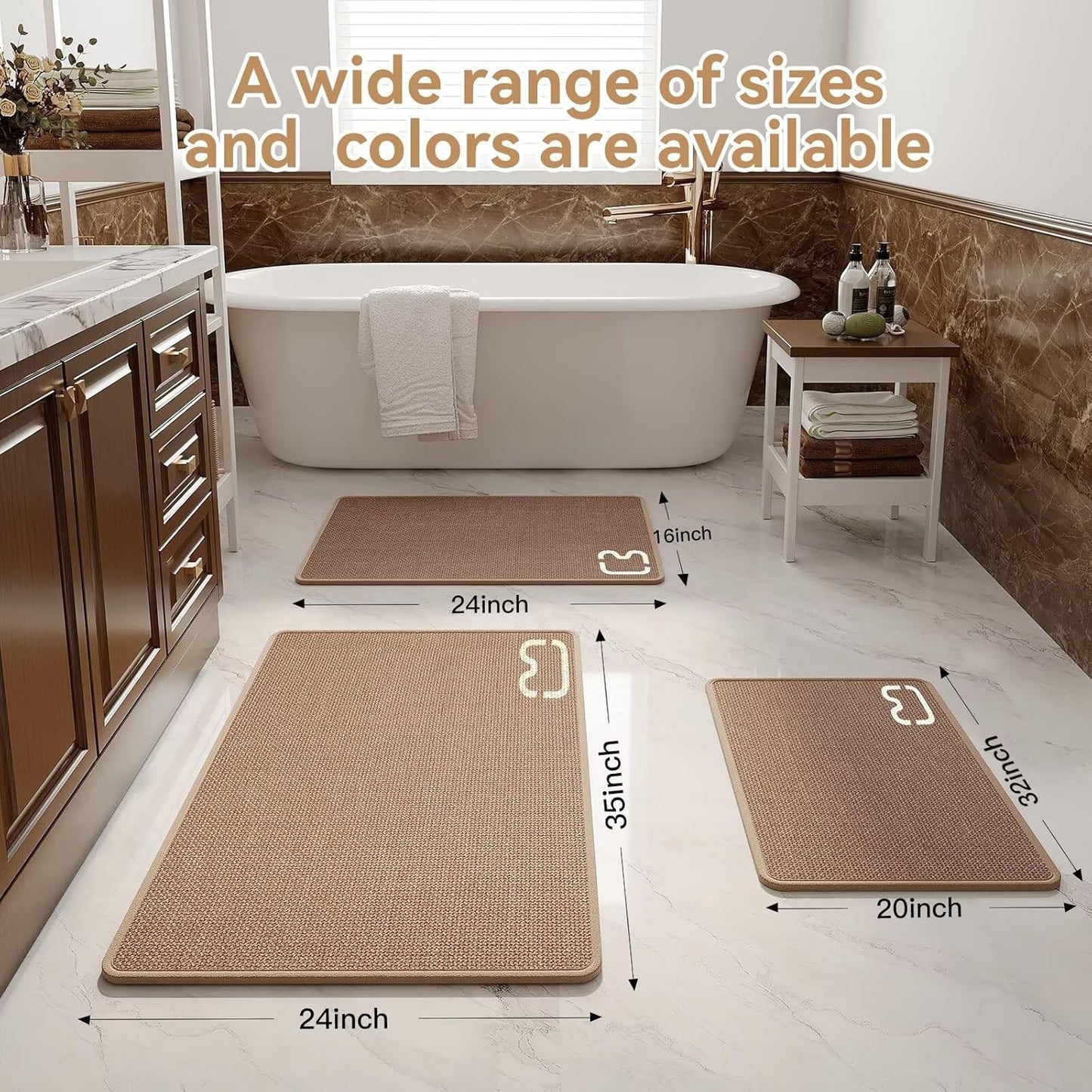 Non Slip Bath Mat Bathroom Rugs, Rubber Backing Braided Ultra Thin Bath Mats, Super Absorbent Quick Dry Bath Rug Shower Mat, Bathroom Floor Mat Fit Under Door, Machine Washable, Brown 16" x 24"