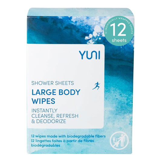 YUNI Beauty Large Body Wipes, Peppermint Citrus, 12 Count, Compostable, Biodegradable, No Rinse Body Cleanser, On-the-Go Shower Alternative