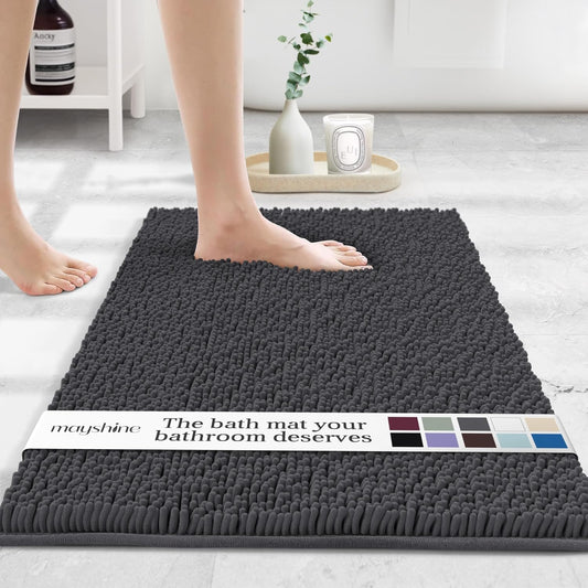 MAYSHINE Plush Shaggy Chenille Bath Mat | Extra Soft, Super Absorbent, Non-Slip Bathroom Rug | Fluffy Microfiber, Area Rug Sets for Bathroom Floor, Kitchen, Living Room | 24"x17" | Charcoal Gray