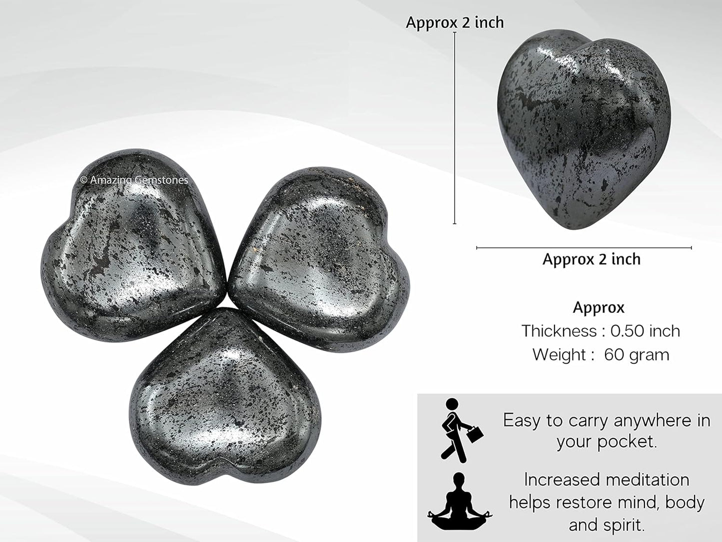 Amazing Gemstone Hematite Crystal Heart Palm Stone - Pocket Massage Worry Stone for Natural Body Chakra Balancing, Reiki Healing and Crystal Grid