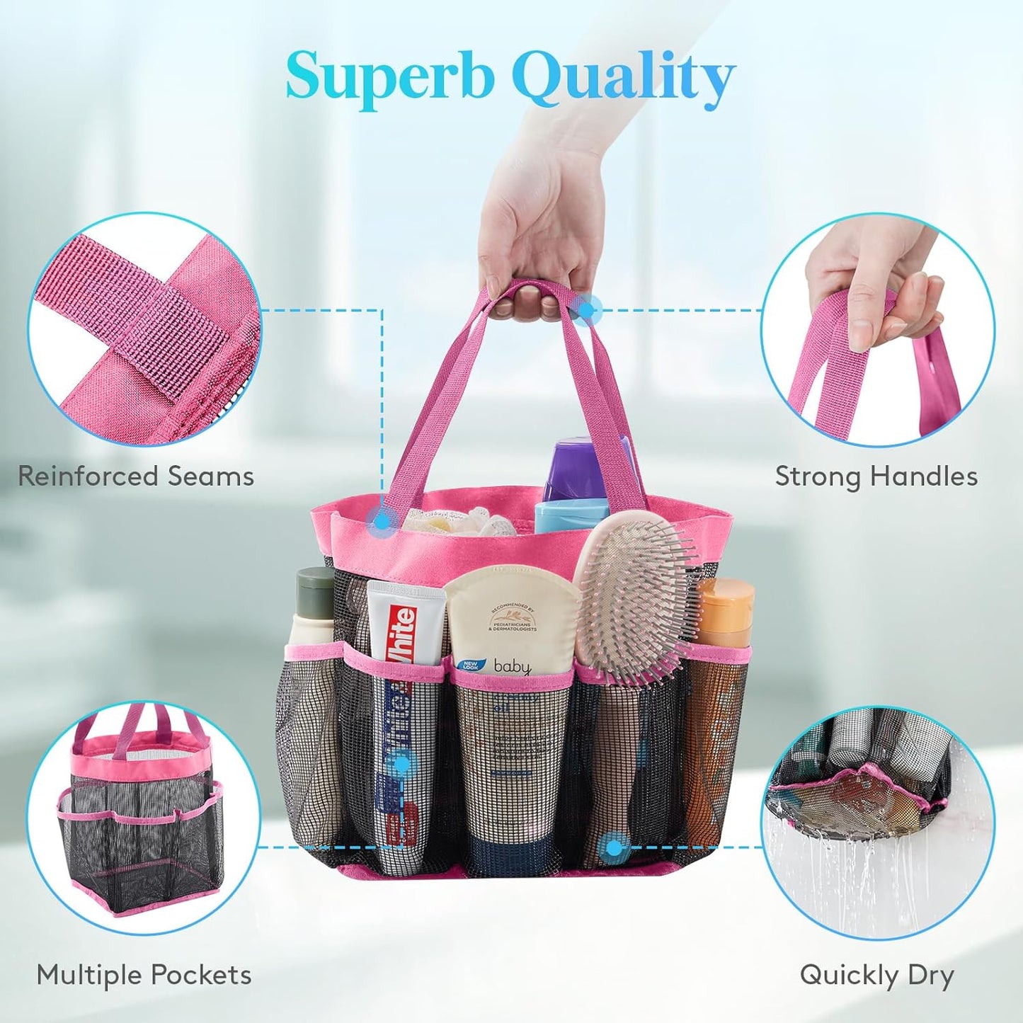 Lifewit Mesh Shower Caddy Freestanding Portable Shower Tote Bag for College Dorm, Bathroom, Gym, Travel, Quick Dry Hanging Shower Organizer with 7 Storage Pockets for Toiletry Essentials, Pink