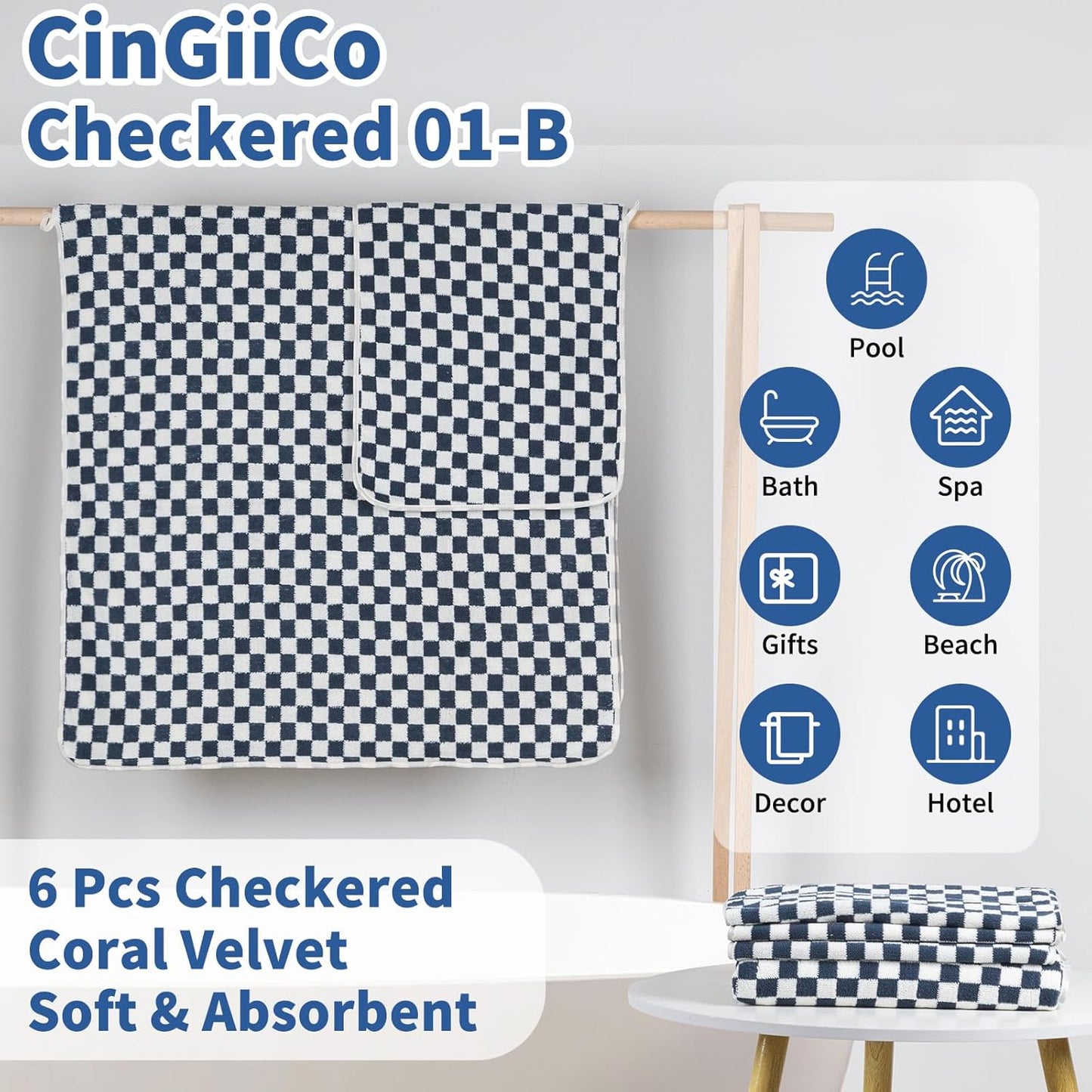 Checkered Bath Towels Set of 6 Large, Microfiber Shower Towels * 2 (55.12"*27.56"), Hand Towels * 4 (29.52"*13.77"),Towels for Bathroom、Pool、Hotel, Spa, Soft Absorbent Quick-Dry（Blue）