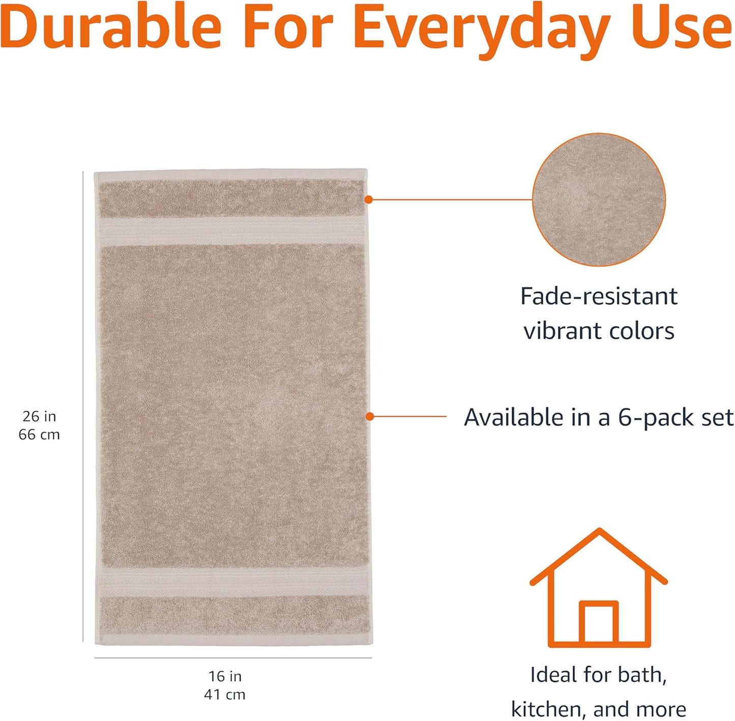 Amazon Basics Fade-Resistant 100% Cotton Hand Towel, 6 Pack, 16"x26", Taupe