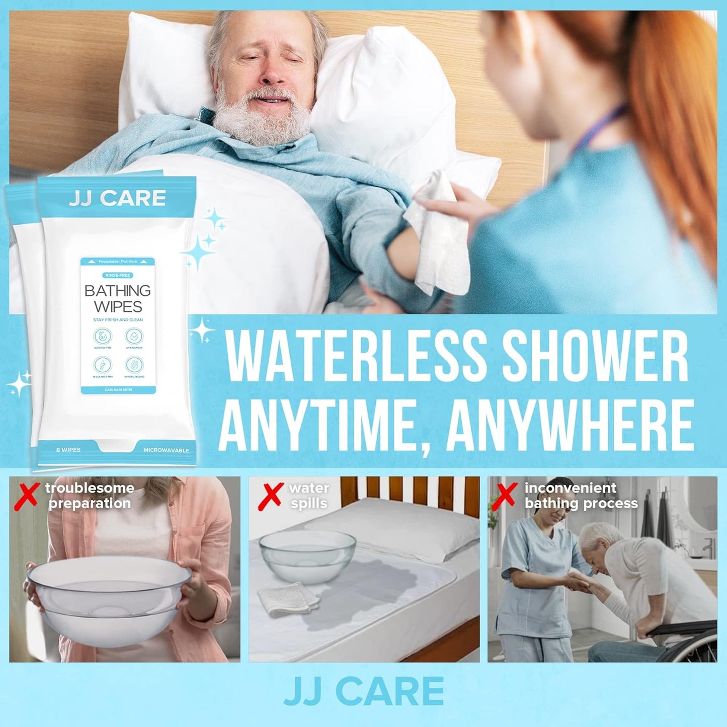 JJ CARE Shower Wipes For Adults No Rinse - Bulk Pack of 40 Body Wipes for Adults Bathing | 320 Count Disposable No Rinse Disposable Washcloths, Waterless Body Wash for Elderly