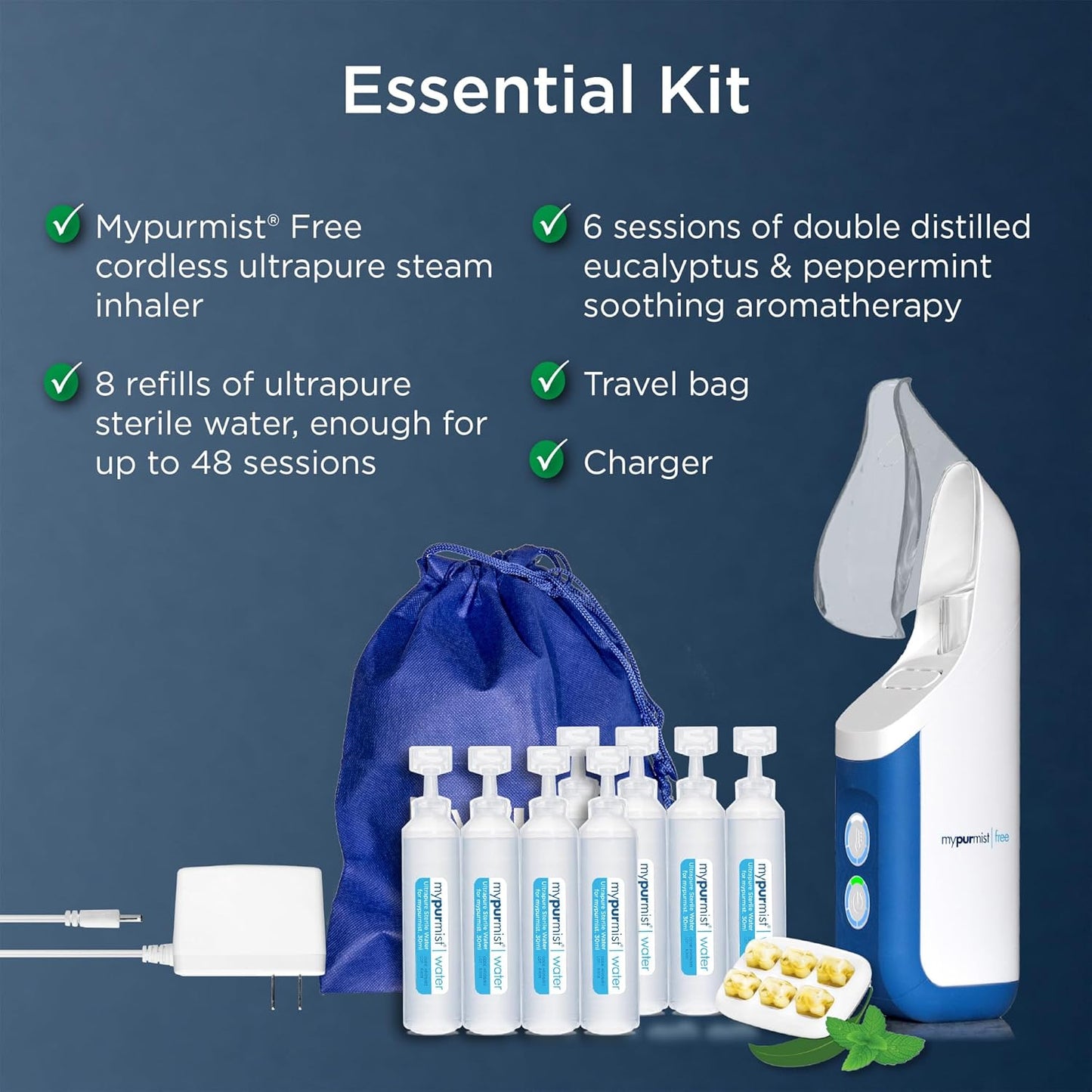 Mypurmist Free Ultrapure Cordless Steam Inhaler - Handheld Personal & Battery-Powered Steamer, Vaporizer & Humidifier for Sinus Relief, Nasal Congestion, Cold & Cough, Vocal Care