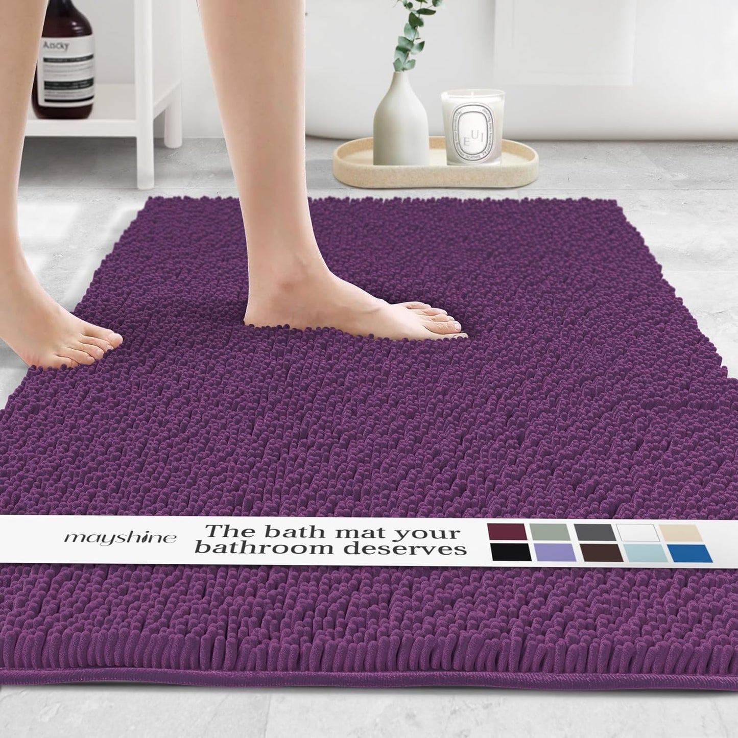 MAYSHINE Plush Shaggy Chenille Bath Mat | Extra Soft, Super Absorbent, Non-Slip Bathroom Rug | Fluffy Microfiber, Area Rug Sets for Bathroom Floor, Kitchen, Living Room | 47"x27" | Plum