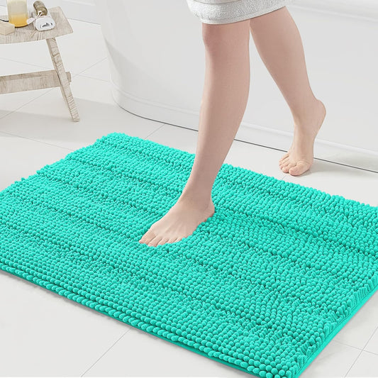 Grandaily Chenille Striped Bathroom Rugs 36x24, Extra Thick and Absorbent Bath Mats, Non-Slip Soft Plush Shaggy Shower Carpet, Machine Wash Dry, Bath Rug for Bathroom, (Large, Teal)
