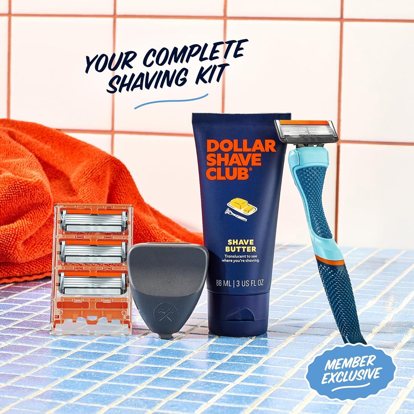Dollar Shave Club | The Member Exclusive Shave Set | 4 Extra Close Refill Cartridges, 1 Handle (Blue), 1 Shave Butter 3 ounce, 1 Razor Cover, Razors for Men