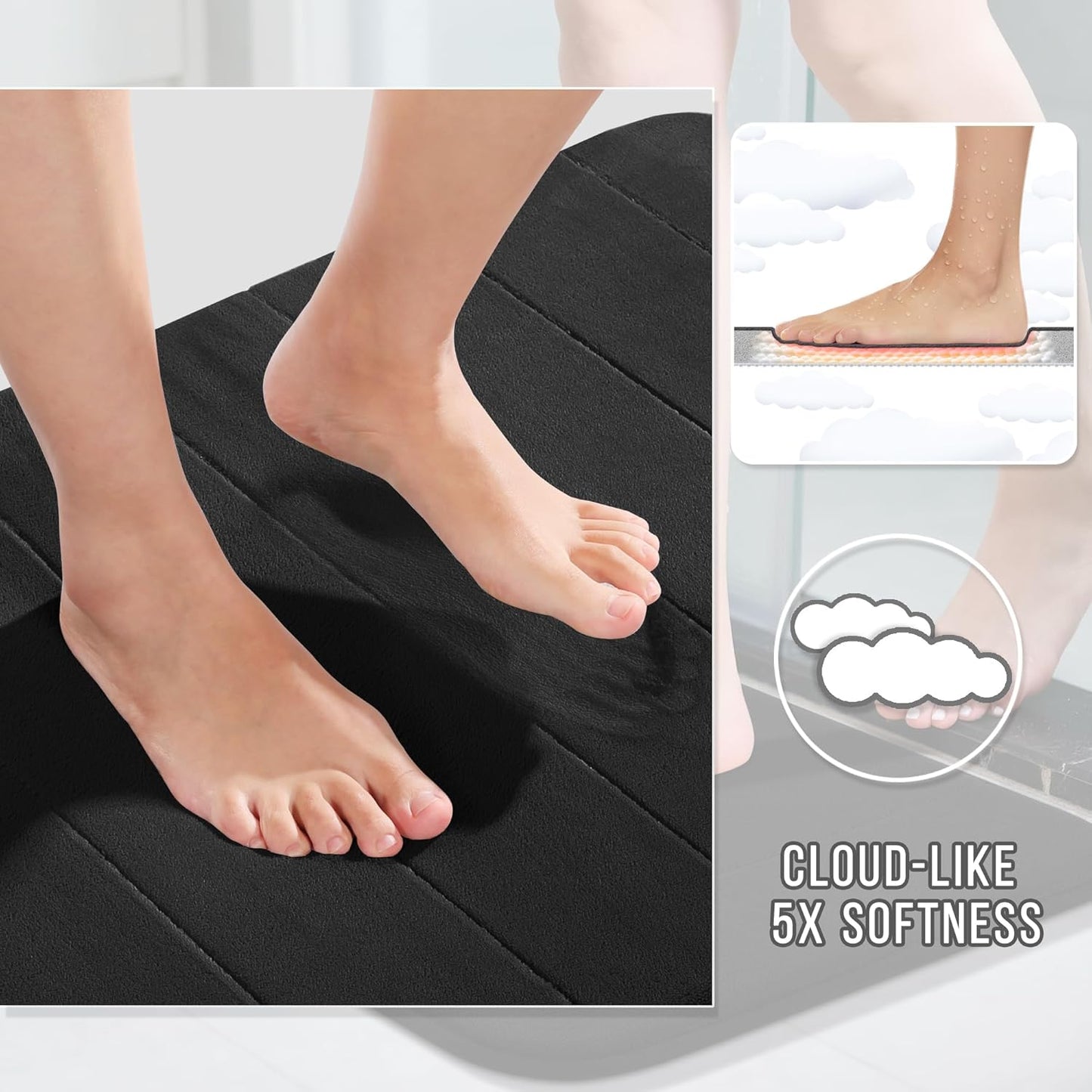 Yimobra Long Bath Mat 44"x24", Super Soft Quick Dry Memory Foam Bathroom Rug, Water Absorbent, Non Slip Backing Machine Washable for Tub Shower, Thick Comfort Support, Black