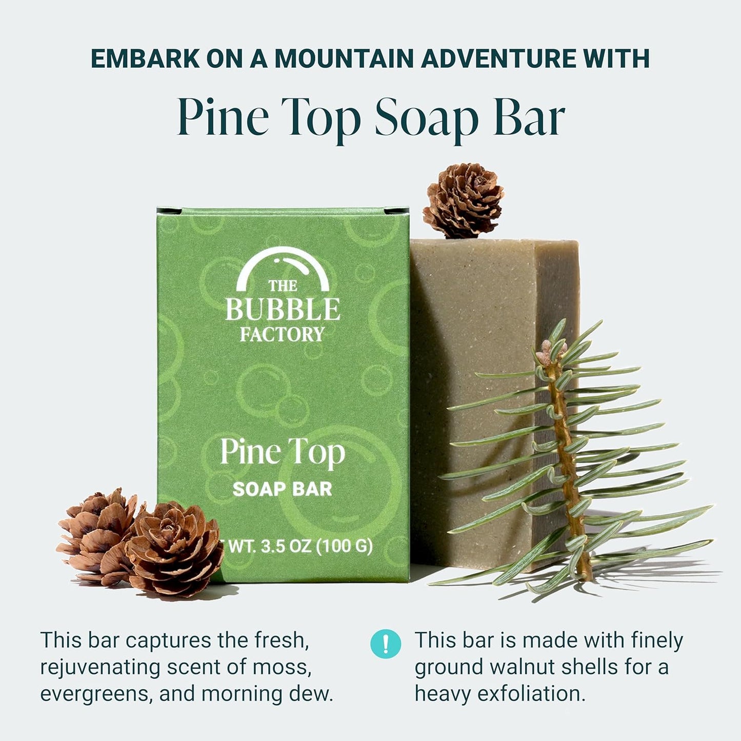 The Bubble Factory Handmade Soap, All Natural Soap for Women & Men, Hand, Bath & Body Natural Bar Soap, Vegan, Palm Oil Free, Made in USA with Shea Butter + Essential Oils, Pine Top, Single