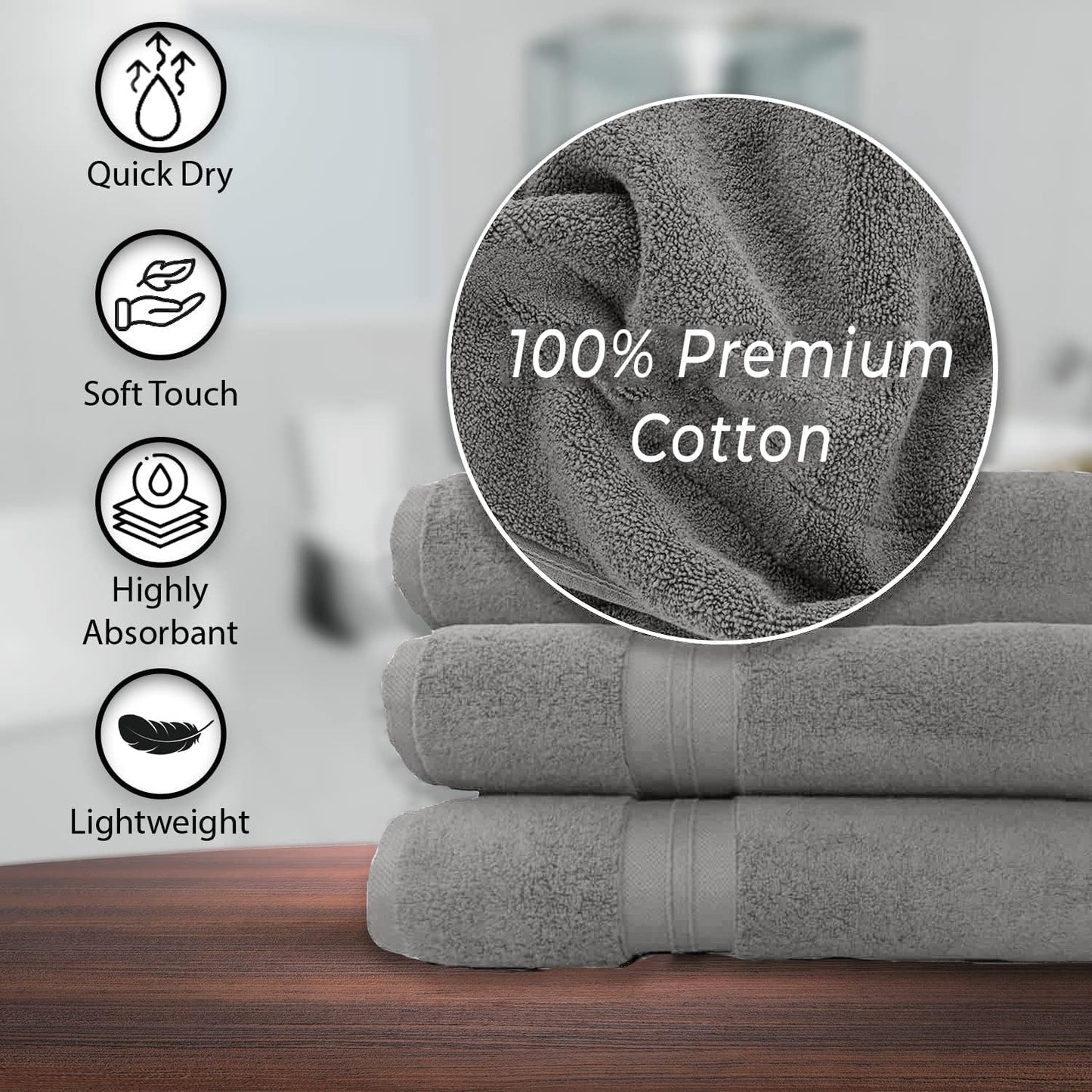 100% Cotton Bath Towels, 24x48 Pack of 6 Towels, Quick Dry, Highly Absorbent, Soft Feel Towel, Gym, Spa, Bathroom, Shower, Pool, Luxury Soft Towels (Light Grey, 24x48-6 Pack)