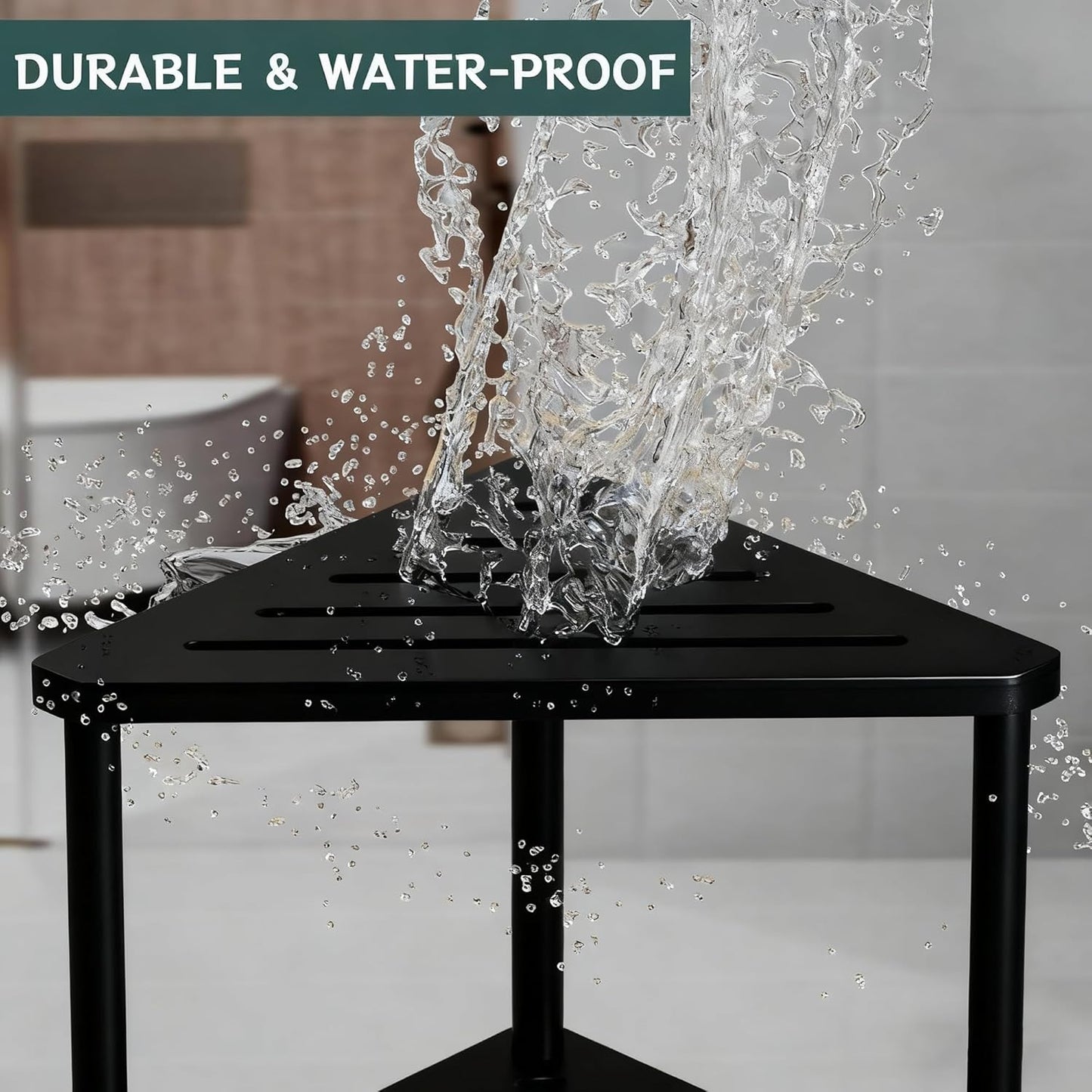 Bamboo Corner Shower Stool - Waterproof Shower Stool for Inside Shower, Shaving Legs & Small Spaces, 2-Tier Shower Foot Rest with Storage Shelf, Bath Seat & Corner Bench for Woman, Mom, Spa - Black