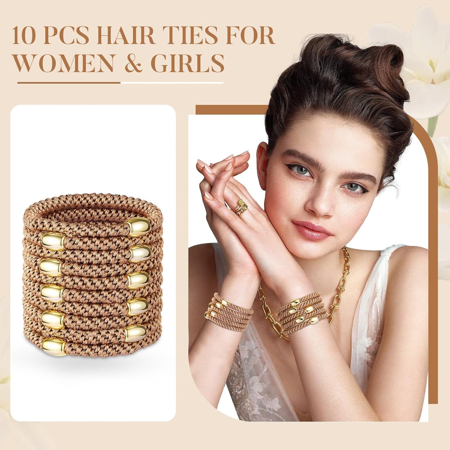 Hair Ties No Damage - 10PCS Ponytail Holders - Elastic Hair Ties for Thick Hair - Braided Hair Bands for Women Girls's Hair - Khaki