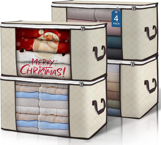 90 L Large Storage Bags, 4 Pack Clothes Storage Bins Foldable Closet Organizers Storage Containers with Reinforced Handle for Clothing, Blanket, Comforters, Bed Sheets, Pillows and Toys (Beige)