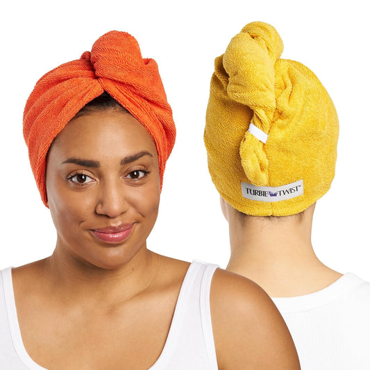 Turbie Twist 2-Pack Microfiber Hair Towel for Beauty, Travel, Gifting - Wrap Turban for Straight, Wavy & Curly Hair - Premium Personal Care- Golden Rod & Orangeade