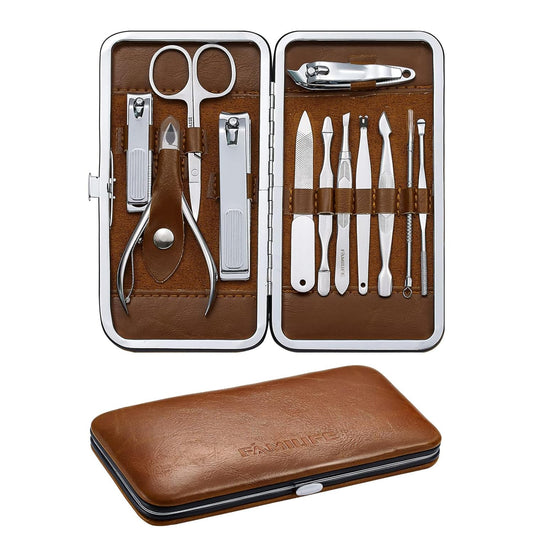 FAMILIFE Manicure Set, Professional Nail Kit Nail Clipper Set, 12PCS Stainless Steel Manicure Kit, with Brown Leather Travel Case Luxury Gifts for Him