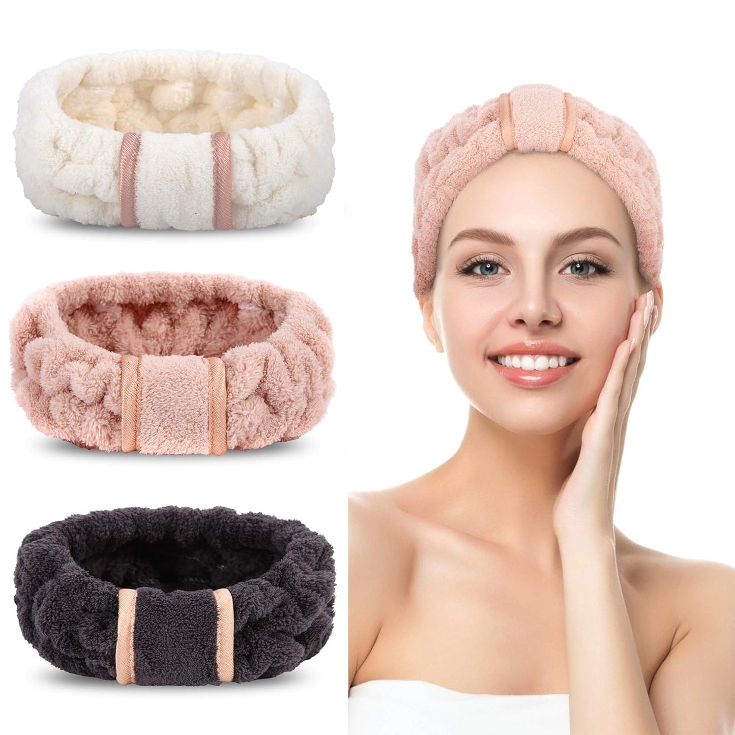 3 Pack Women's Spa Microfiber Skincare Headbands for Face Washing, Makeup Removal and More (Pink, White, Black)