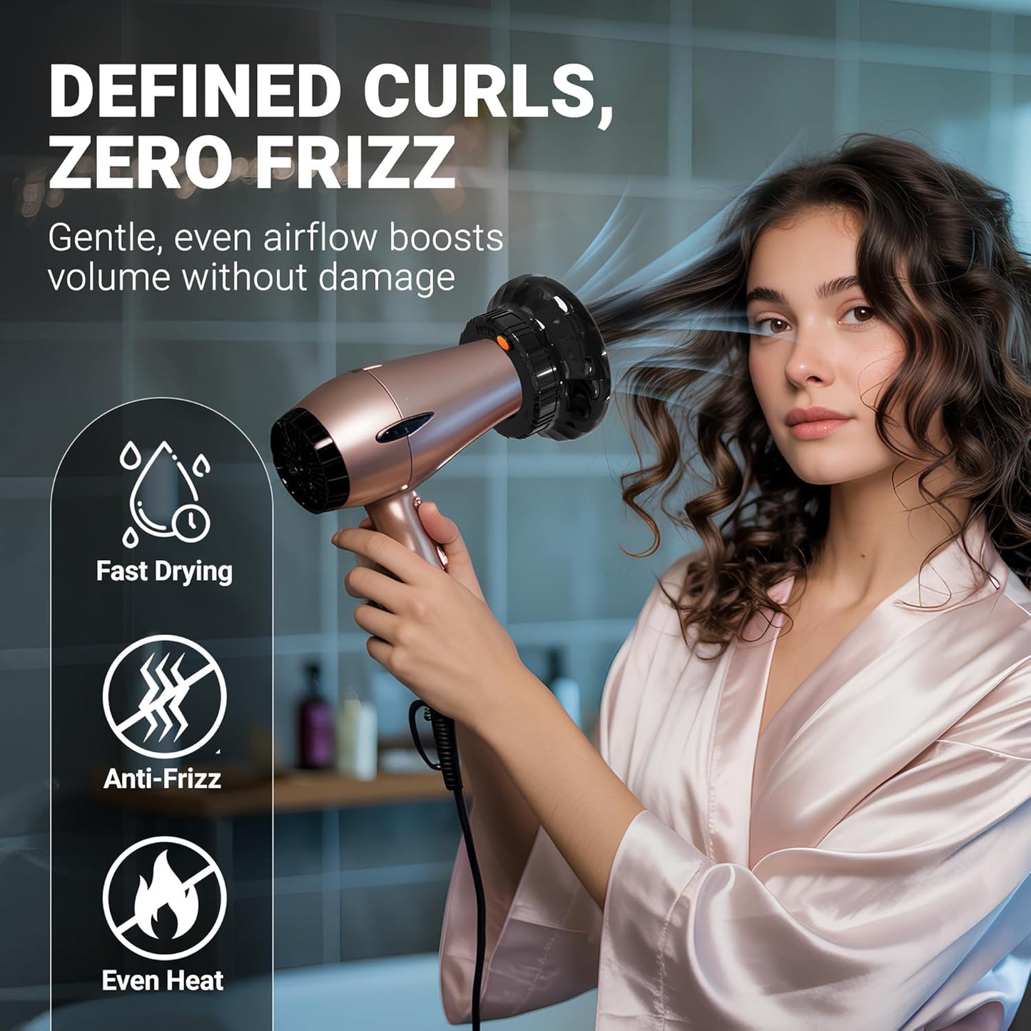 Universal Hair Diffuser for Blow Dryer - Fits All 1.4-2.4 inch Dryers, Professional Ionic Diffuser Attachment for Curly/Wavy Hair, Reduces Frizz & Enhance Curls, Lightweight, Travel-Friendly (Black)