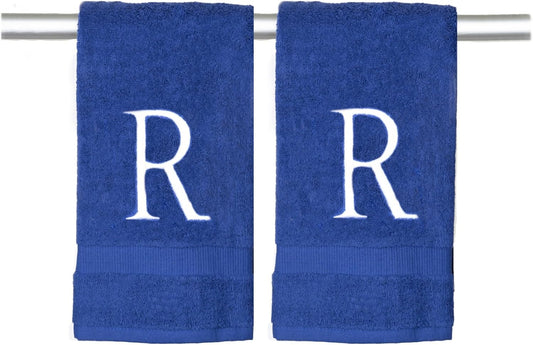 White and Navy Monogrammed Hand Towel - Monogram Initial Hotel Quality Decorative Embroidered Luxury Towel for Powder Room, Spa - GOTS Organic Certified - Pack of 2, Letter R