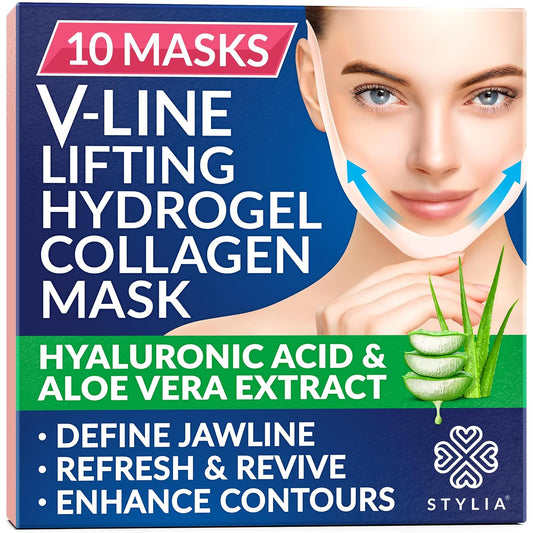 Stylia V Line Lifting Collagen Face Mask - Lift, Firm & Contour Jawline - Double Chin Strap with Hyaluronic Acid & Aloe Vera - Hydrating Neck & Face Tightening Mask - Chin Strap for Sleeping - 10PC