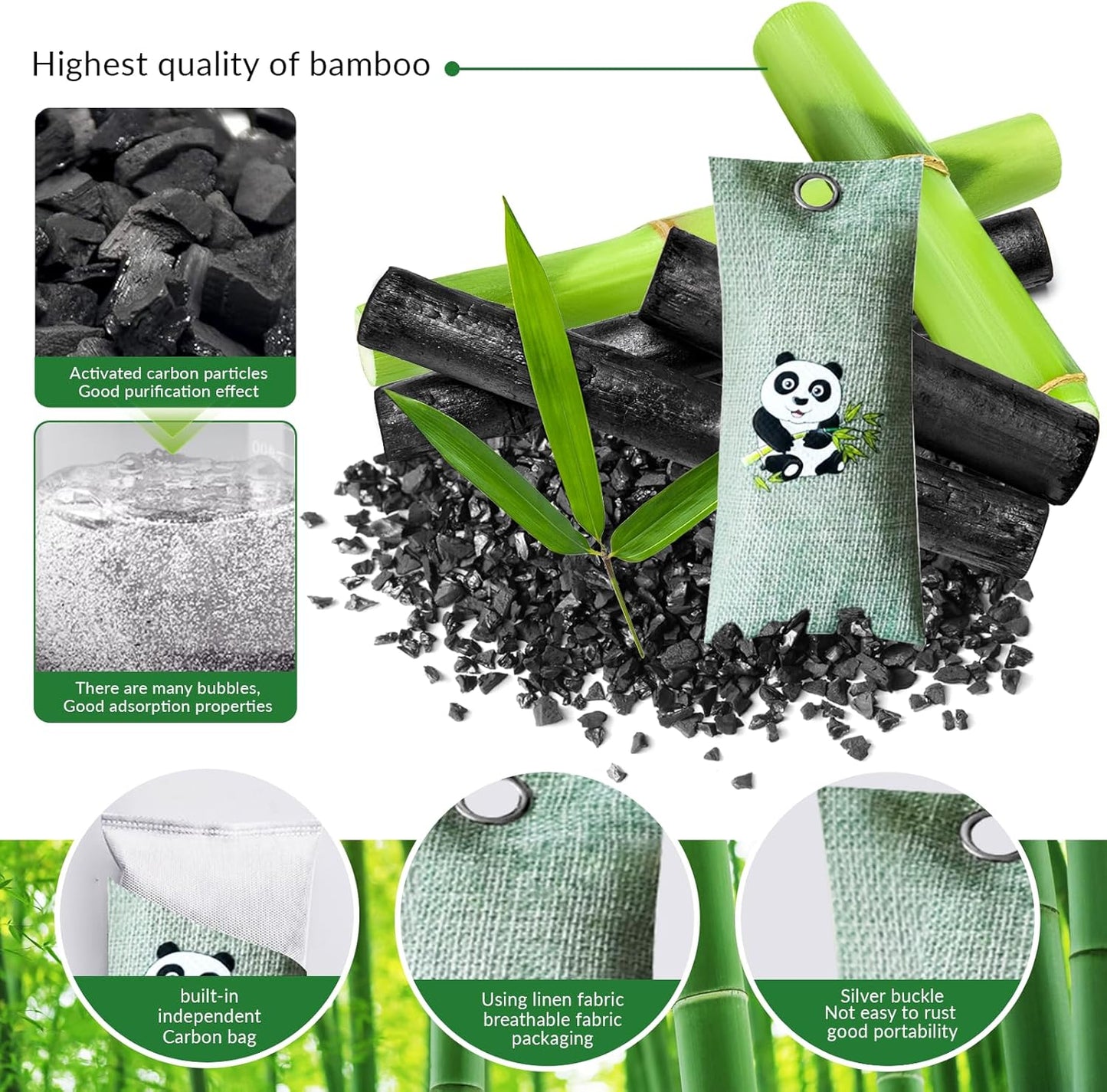 4 Pack charcoal odor absorber,Bamboo Charcoals Air Purifying Bag Charcoals Deodorizer Eliminator for Strong Odors in Car, Closet, Shoe, Basement (75G*4 Pack Panda, Unscented)