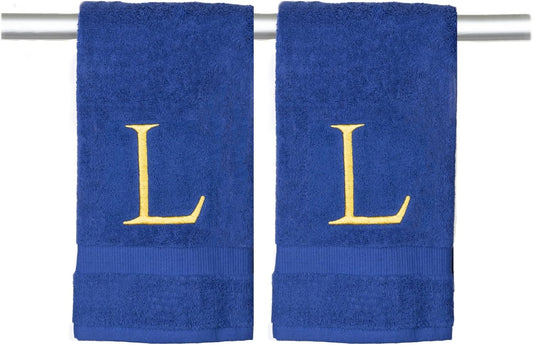 Navy and Gold Bathroom Hand Towel - Monogrammed Luxury Hotel Quality Decorative Embroidered Towel for Powder Room, Spa - GOTS Organic Certified - Pack of 2, Letter L