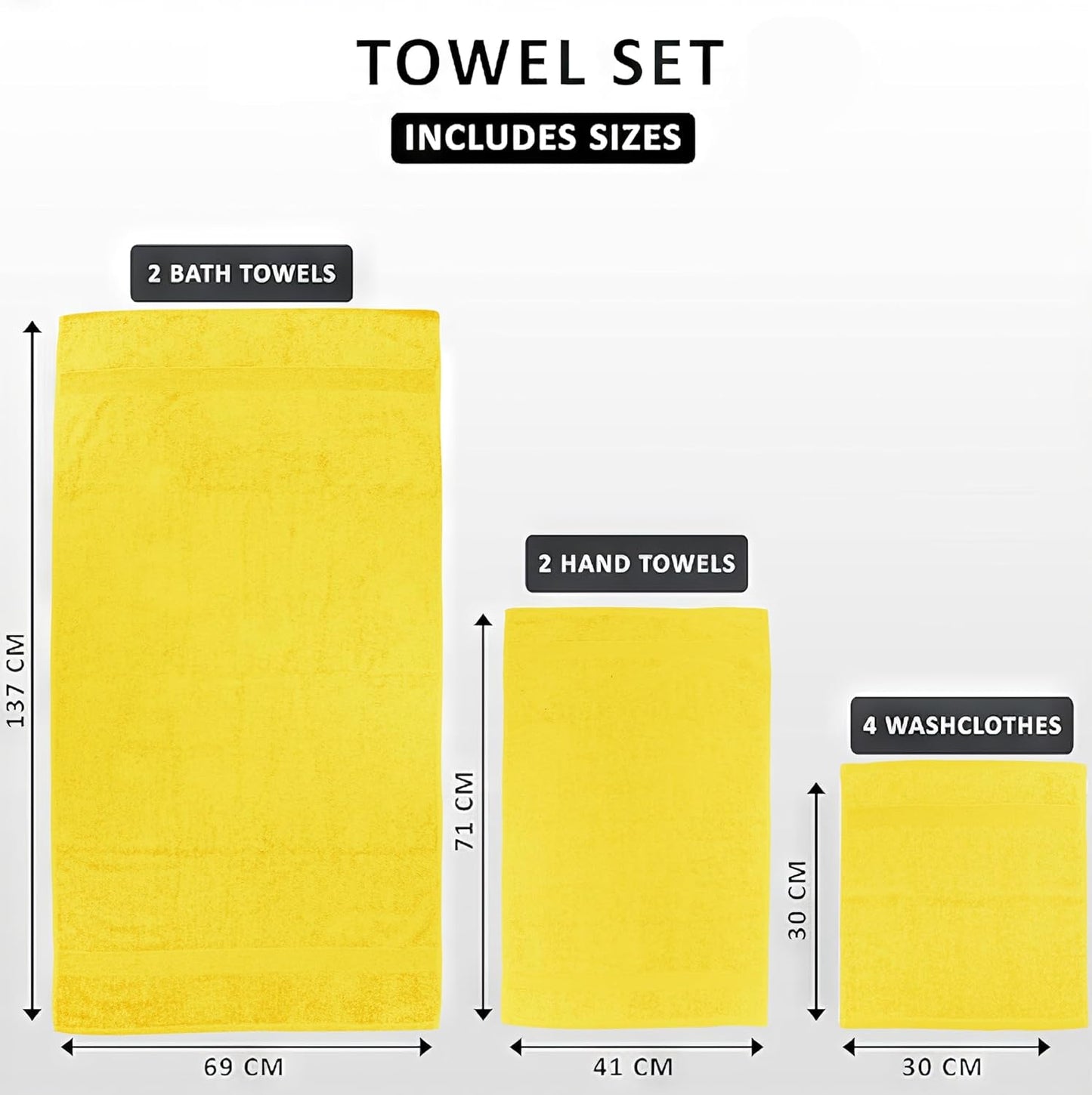 Luxury 8 Piece Towel Set, 2 Bath Towels 2 Hand Towels 4 Washcloths, Towels for Bathroom, Home, Spa & Gym - Highly Absorbent Ultra Soft Quick-Dry (Yellow)