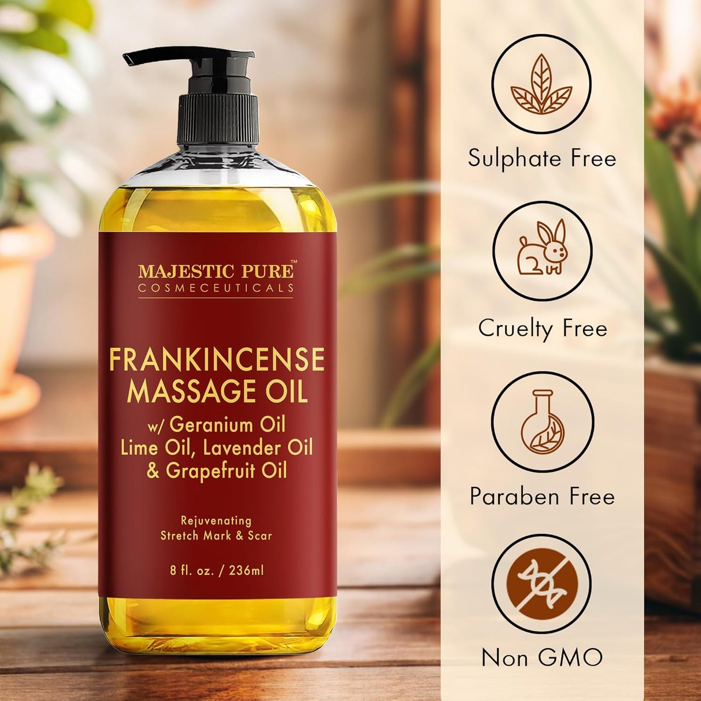 MAJESTIC PURE Frankincense Scar and Stretch Massage Oil for Massage Therapy - Refreshing, and Relaxing - Natural Oils with Frankincense Essential Oil - for All Skin Types - Men and Women - 8 fl oz