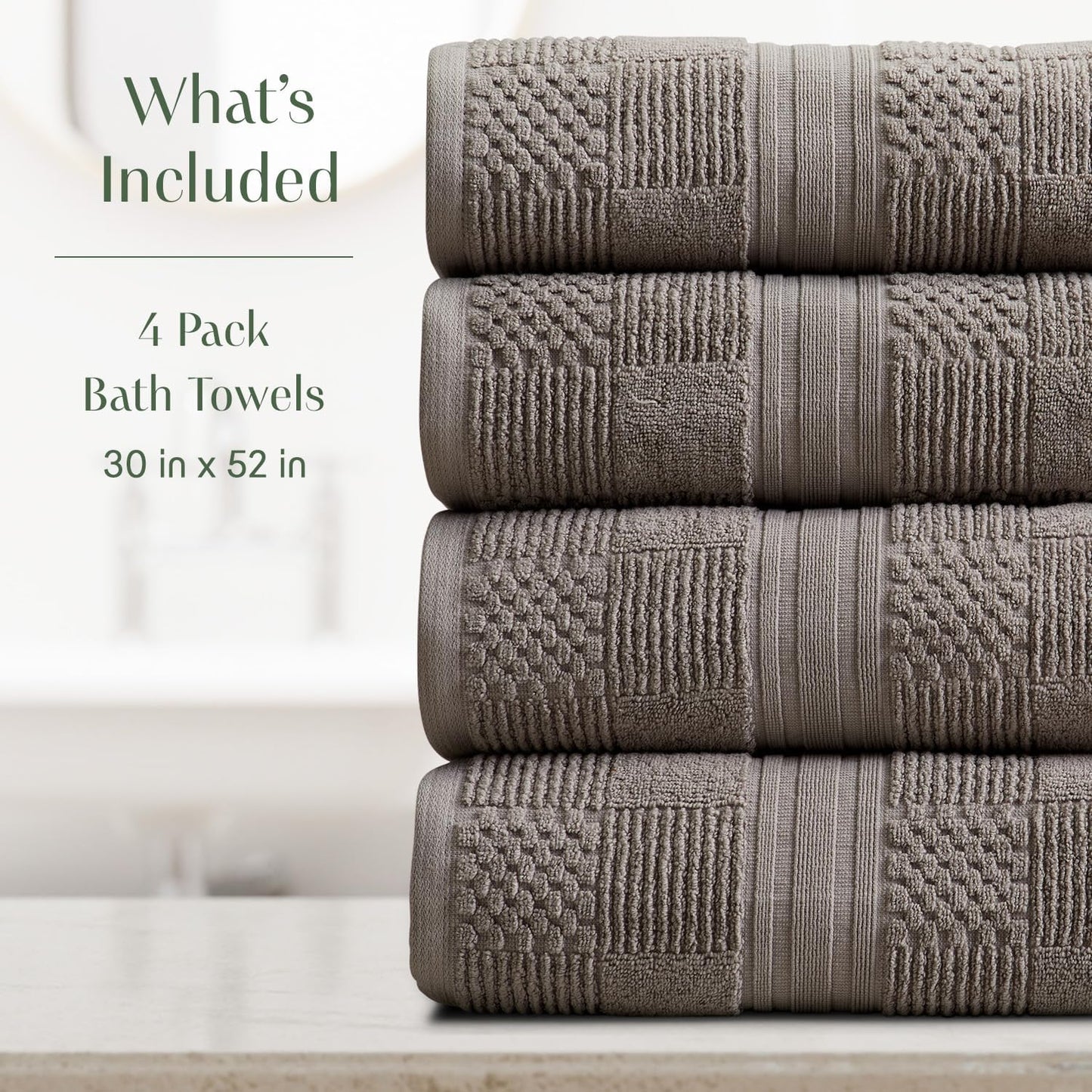 Springtree Home 100% Cotton Bath Towel Set of 4 | Grey Towels | Geometric Textured Design | Absorbent & Quick-Dry | 4 Bath Towels | Oeko-TEX® Standard 100 Cotton | Myla Collection - Frost Grey
