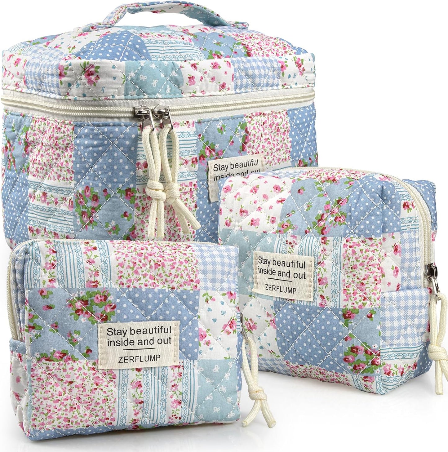 Cute Quilted Floral Makeup Bag(3Pcs)，Coquette Aesthetic Cosmetic Bag，Travel Toiletry Bags， Kawaii Aesthetic pouch for Women (64-GridRose)