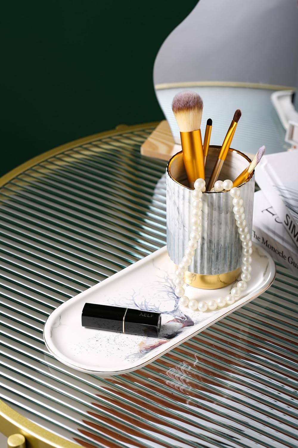 IEEK Makeup Brush Holder Organizer - Comb Brushes, Pens, Pencils, Glasses & Toothbrushes - European Style Striped Container, Grey and Gold