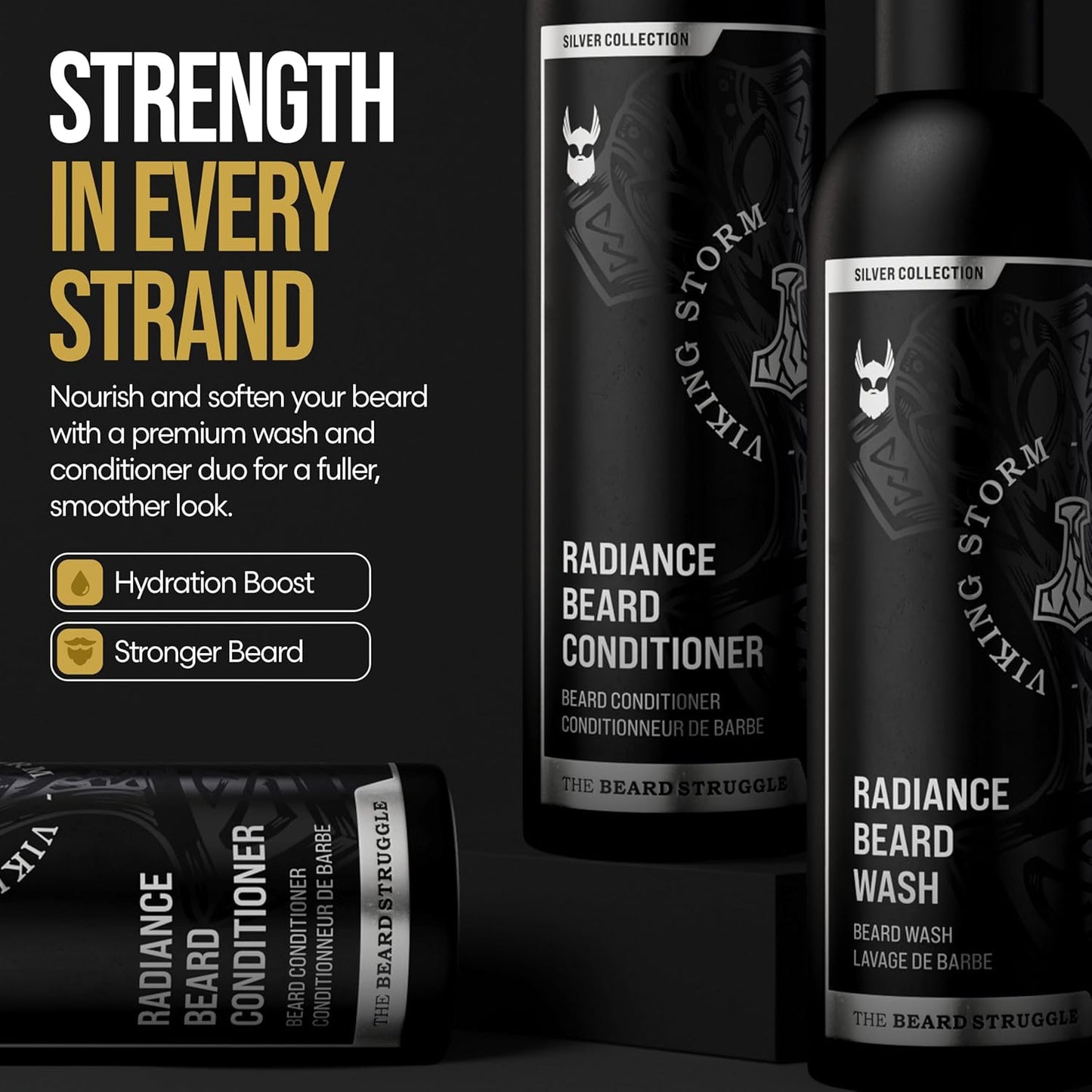 The Beard Struggle - Radiance Beard Wash & Conditioner Bundle - Silver Collection - Pack of 2, Viking Storm - Nourish, Cleanse, Softens, & Strengthens Beard - Beard Wash and Conditioner for Men