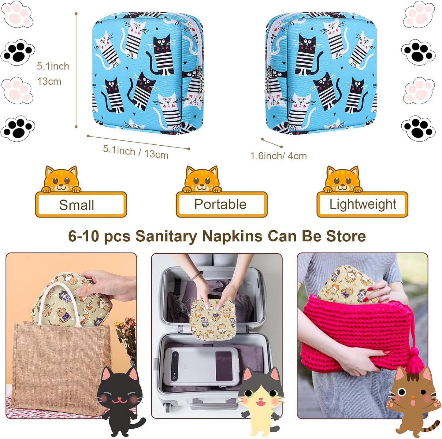 Period Bag, Canvas Sanitary Napkin Storage Bag for Girls Womens, Portable Sanitary Napkin Period Pad Pouch for Purse, Small Make Up Bags(F513B-H)