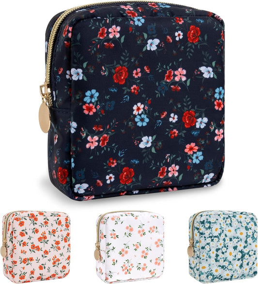 Nylon Mini Floral Makeup Bag for Purse, Small Cute Makeup Bag Preppy Cosmetic Zipper Pouch Purse, Waterproof Travel Coin Pouch Sanitary Napkin Storage Bag Makeup Organizer for Women(Navy Blue-Flower)