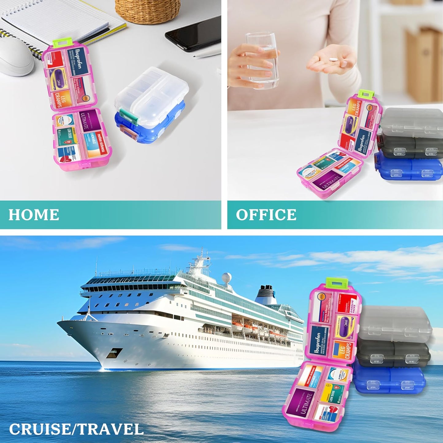 Large Pill Organizer With Medicine Labels - 7 Day Travel Daily Container, Mini Medication Storage Case (Purple, 161 Labels)