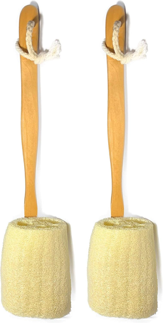 2 Pack Natural Exfoliating Loofah luffa loofa Bath Brush On a Stick - with Long Wooden Handle Back Brush for Men & Women - Shower Sponge Body Back Scrubber