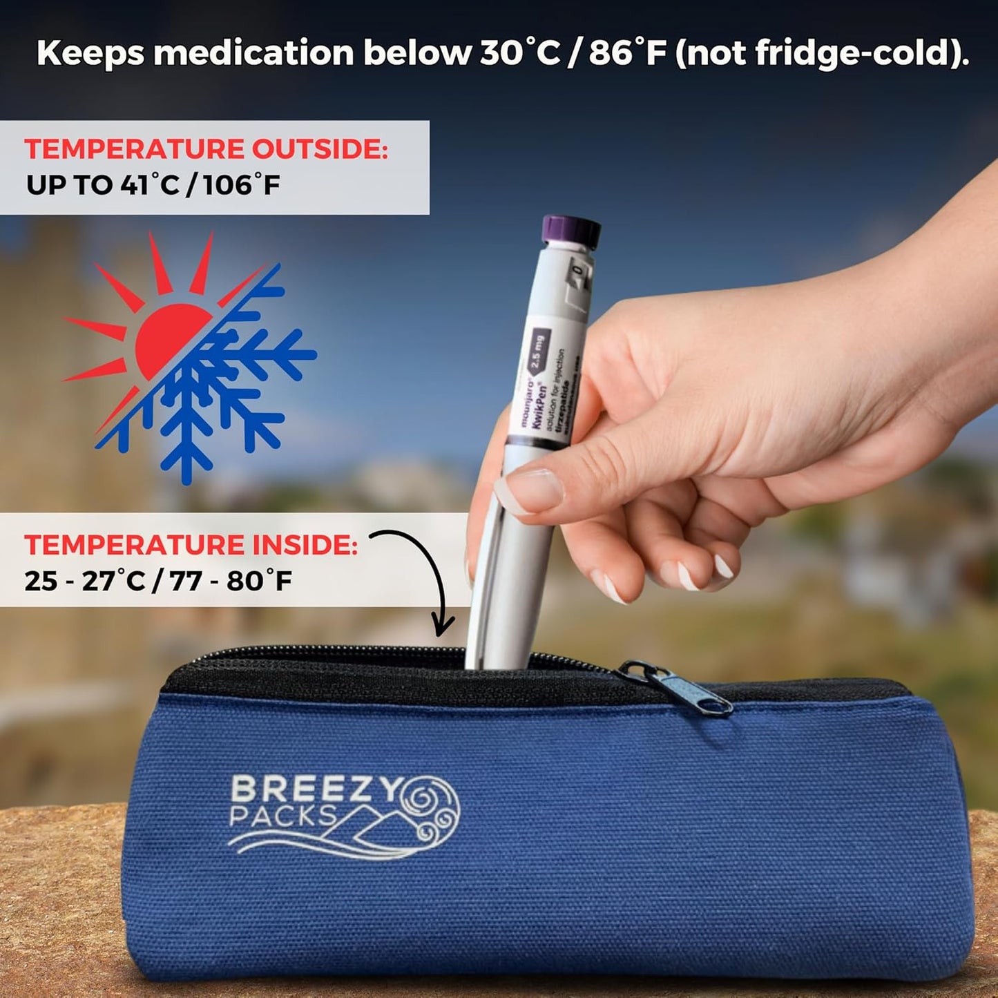 Insulin Pens Cooler Travel Case 24/7 Protection | EpiPen Carry Medical Bag | TSA-Approved Diabetic Case Without Icepacks | Keep medicine at room temp. | Breezy Basic (Navy)