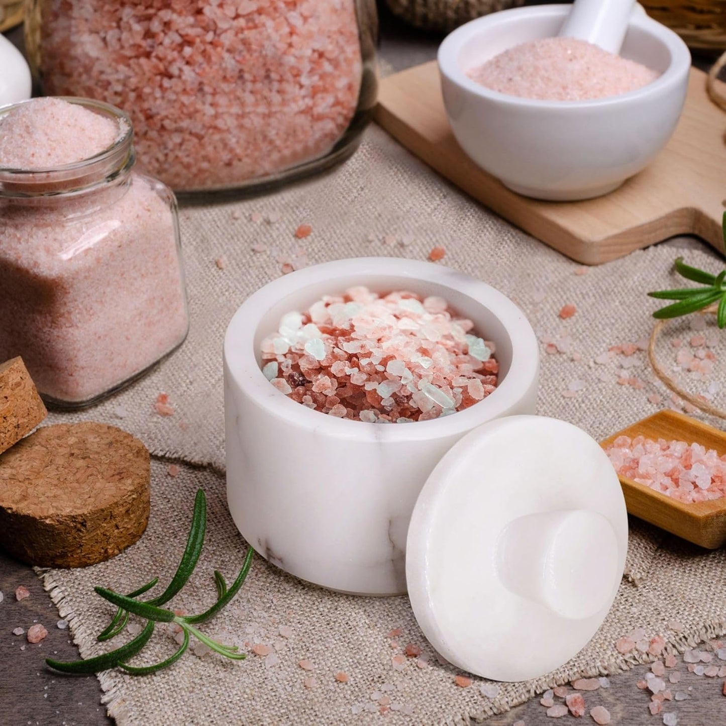 Flexzion Marble Salt Cellar with Lid - Salt and Pepper Bowls Dish Container for Kitchen - Marble Pepper Jar Storage Box Holder for Paprika, Herbs, Sugar, Jewelry & Watches (Set of 2, Black & White)