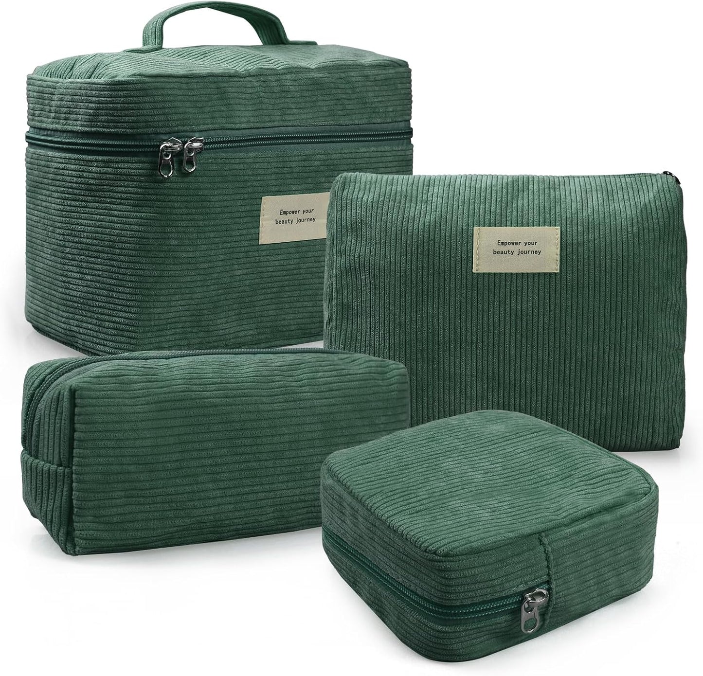 4 Pcs Makeup Bag for Women Corduroy Cosmetic Bag Aesthetic Cute Bags Multi Size Purse Pouch Travel Toiletry Bag Set Makeup Organizer with Zipper(Green)