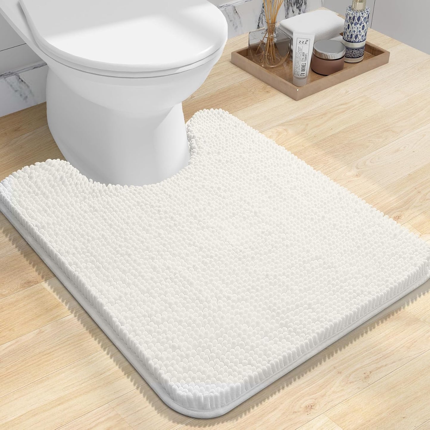 OLANLY Toilet Rugs U-Shaped 24x20, Extra Soft Absorbent Chenille Contour Bathroom Rugs for Toilet, Dry Quickly, Machine Washable, Non-Slip Bath Mat, Ivory