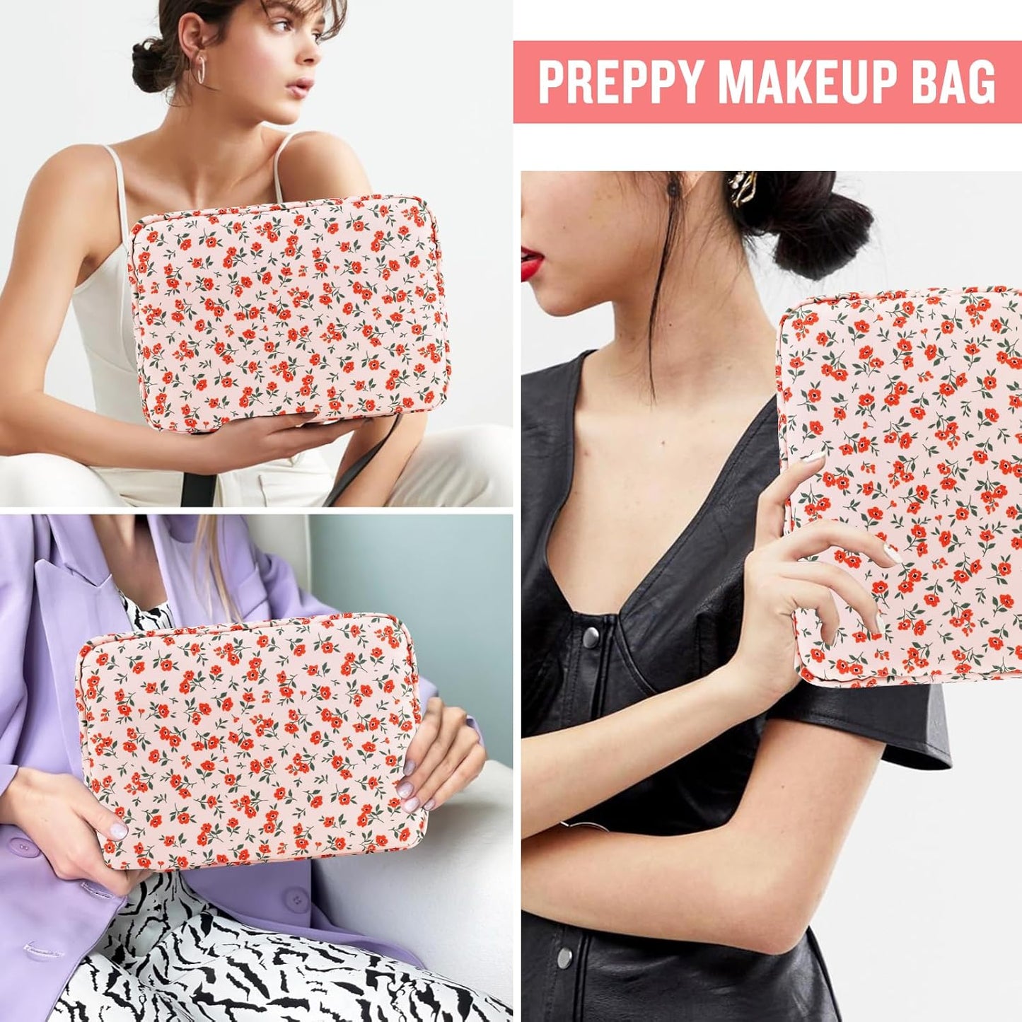 Nylon Large Floral Makeup Organizer Bag, Preppy Big Cute Flower Cosmetic Zipper Pouch Multi-compartment with Dividers, Waterproof Toiletry Make Up Brushes Bag Travel Essentials for Women(Pink-Floral)