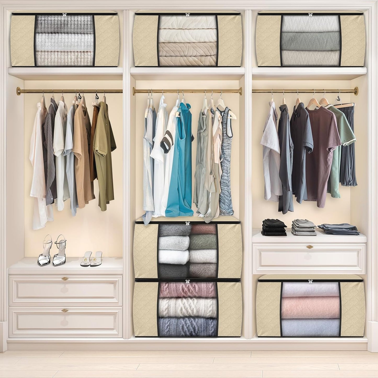 Fab totes 3 Pack Clothes Storage, Foldable Thick Fabric Blanket Storage Bags, Containers for Organizing Bedroom, Closet, Clothing, Comforter, Organization with Handle,Beige