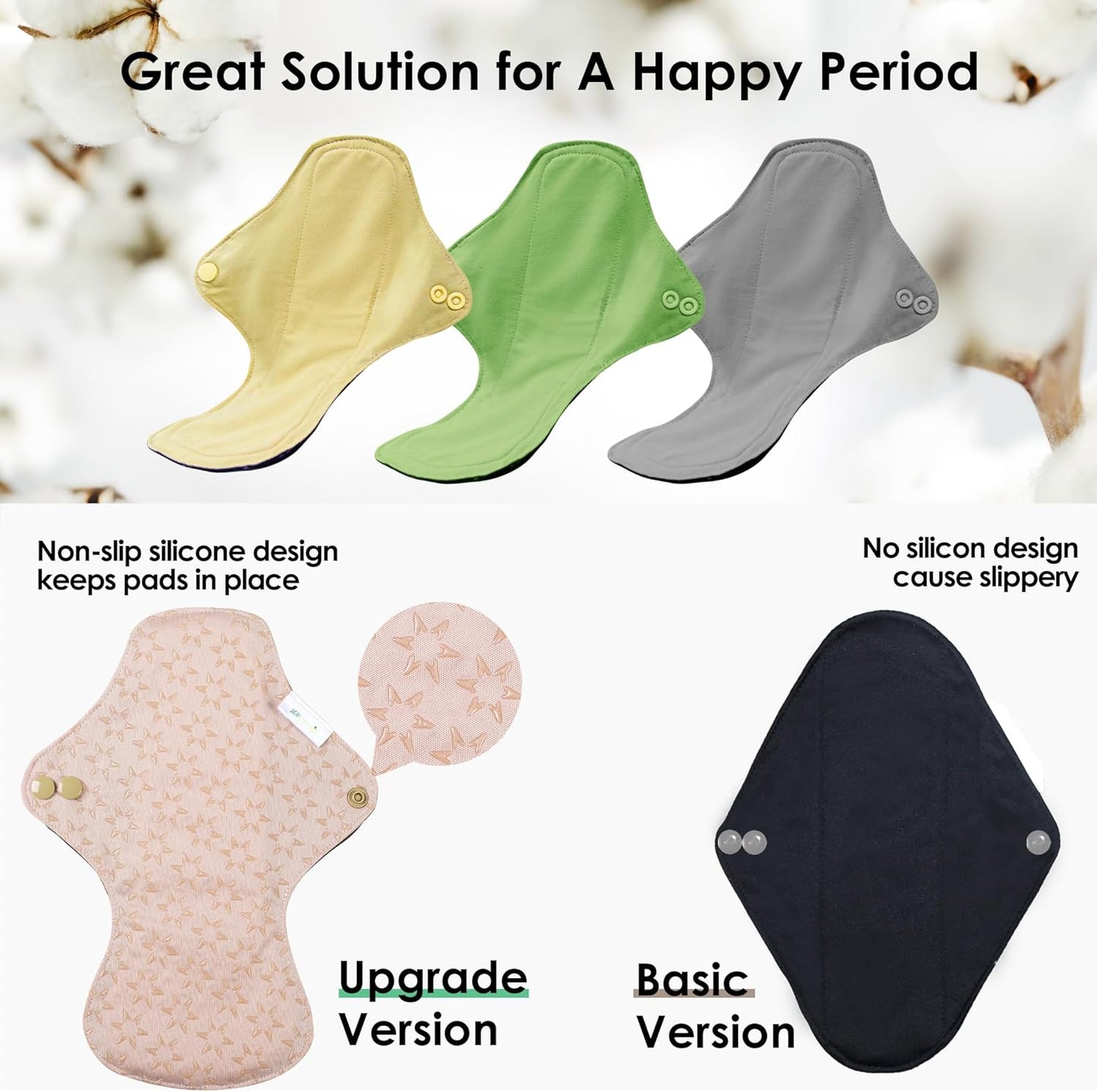 wegreeco 6 Pcs Reusable Menstrual Pads, Ultra Absorbent Cloth Pads for Heavy Flow, Sanitary for Teens, Women, Nonslip, Inner Mustard Yellow, Grey, Beige, Rose Gold Outer, S