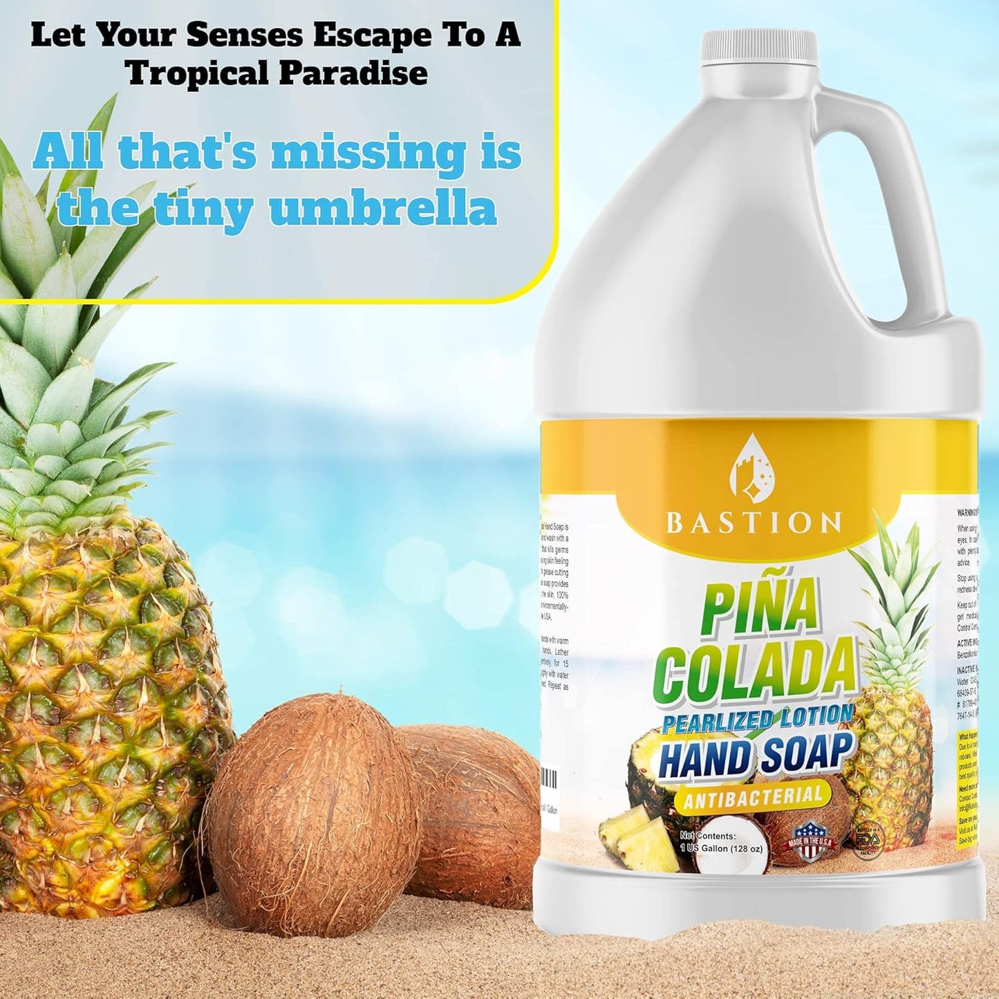 Bastion Antibacterial Hand Soap - Pina Colada - Moisturizing Pearlized Liquid Hand Wash - 1 Gallon (128 oz.) Bulk Refill Jug. Pina Colada Scented. Non-toxic. Made in the USA.