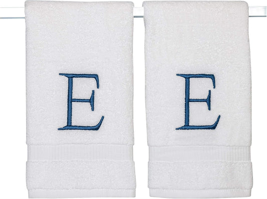 Monogrammed Hand Towels for Bathroom - Luxury Hotel Quality Personalized Initial Decorative Embroidered Bath Towel for Powder Room, Spa - GOTS Organic Certified - Set of 2 Navy Letter E