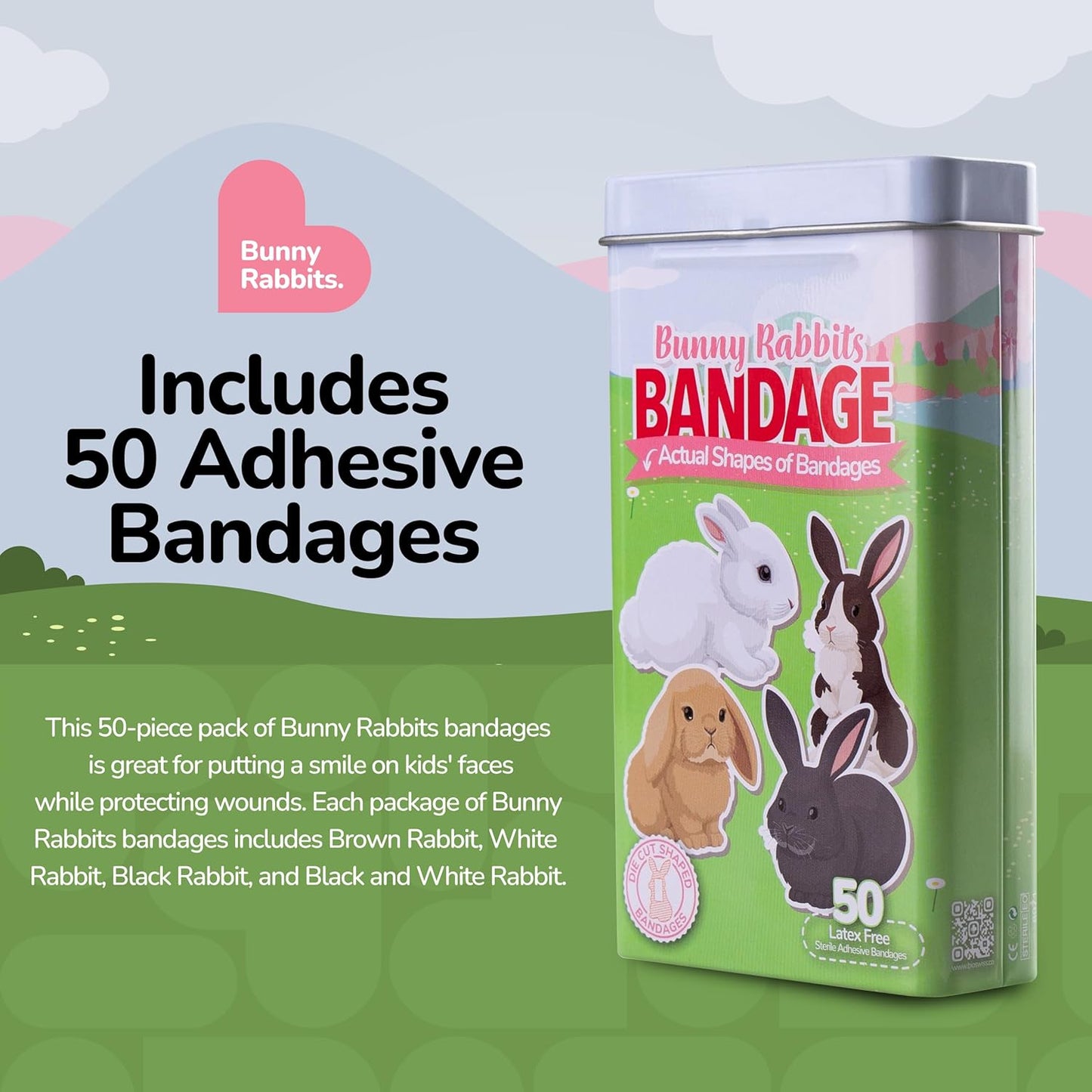 BioSwiss Kids Bandages, Bunny Rabbits Shaped Self Adhesive Bandage Set, Latex Free, Sterile Wound Care, 50 Count