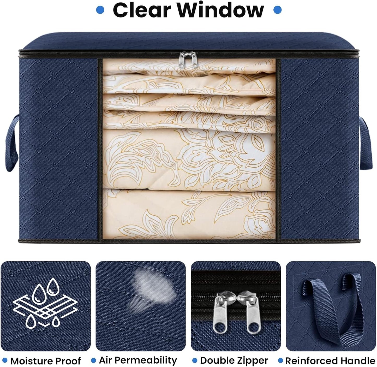 Fab totes 3 Pack Clothes Storage, Foldable Thick Fabric Blanket Storage Bags, Containers for Organizing Bedroom, Closet, Clothing, Comforter,Closet Organization with Handle,Blue